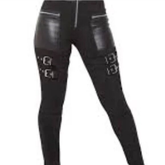 Maniere De Voir Cyberpunk Faux Suede Buckle Straps Leggings Pants UK 6 US 2 - Picture 1 of 16
